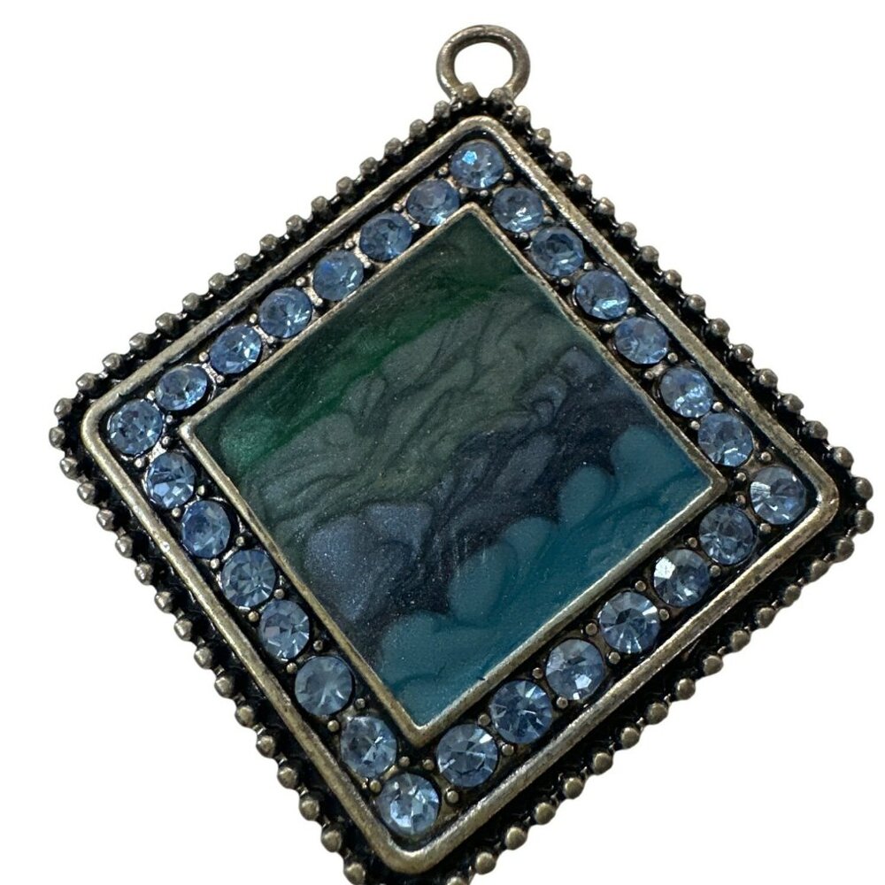 Square Rhinestone Pendant With Abstract Blue & Green Swirl Design